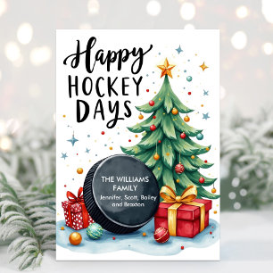 Carte de Noël au nom de famille Watercolor Hockey
