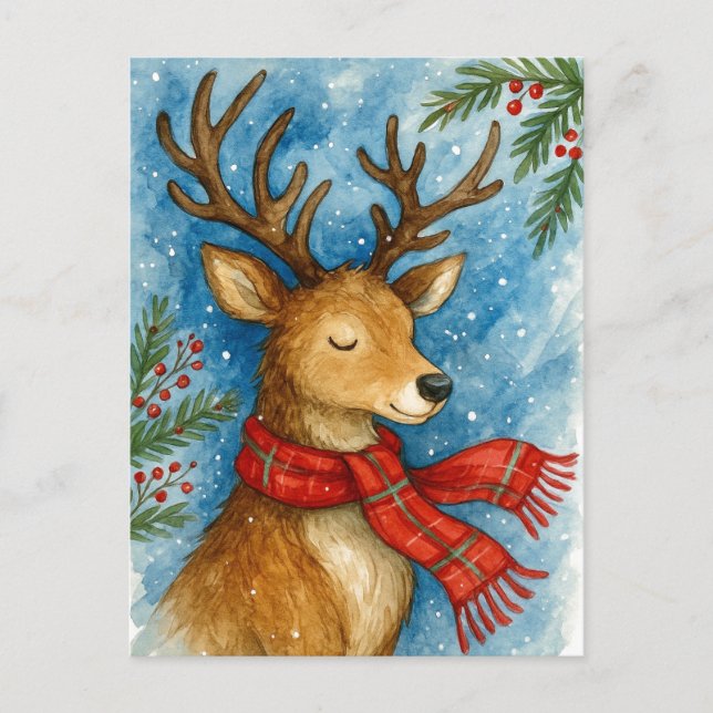 Carte de Noël au renne paisible avec écharpe rouge (Devant)