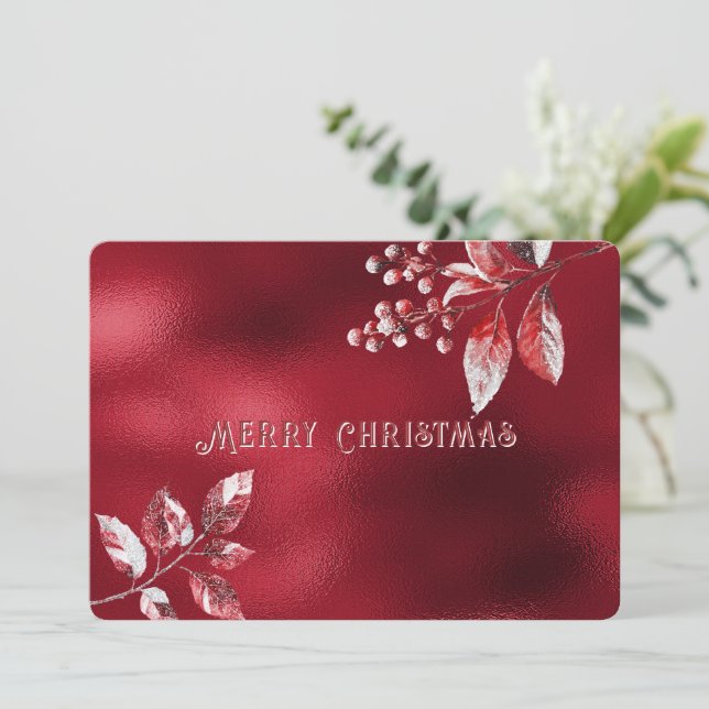 Carte de Noël aux feuilles rouges enneigées (Debout devant)