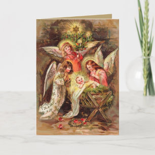 Carte de Noël avec angles observant Baby Jesus