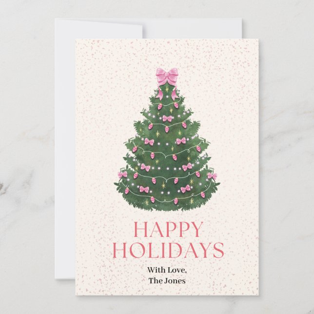 Carte de Noël avec arbre décoré d'un ruban rose (Devant)
