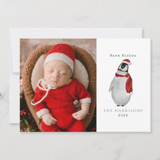Carte de Noël avec bébé pingouin pour photo de Noë (Devant)