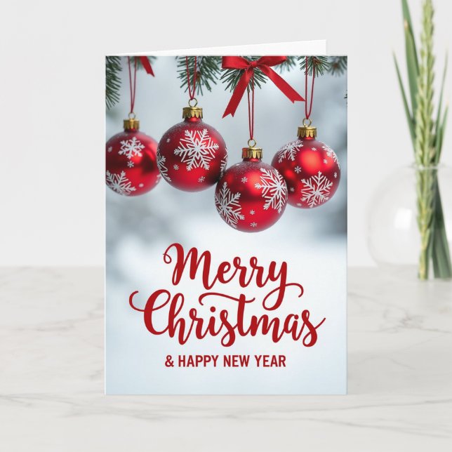 Carte de Noël avec branche de pin et ornements rou (Devant)