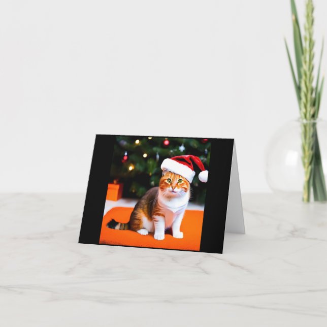 Carte de Noël avec chat portant le chapeau de Père (Devant)