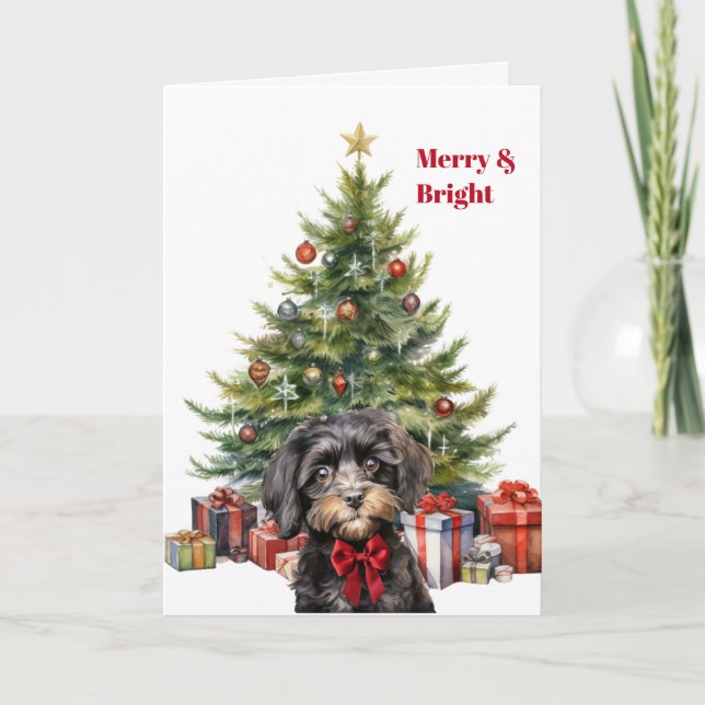 Carte de Noël avec chien Cavapoo et arbre de Noël  (Devant)
