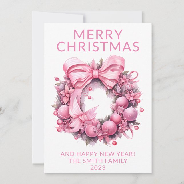 Carte de Noël avec couronne rose et photo (Devant)