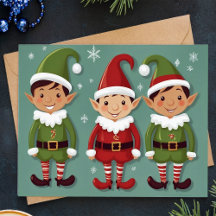 Carte de Noël avec des lutins mignons rouges et ve