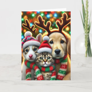 Carte de Noël avec deux chiens et un chat