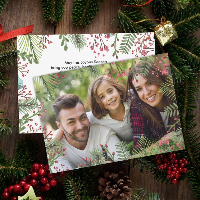 Carte de Noël avec Feuillage pour Photo de Fêtes (Winter Foliage Greenery Photo Holiday Card)