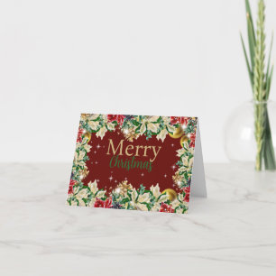 Carte de Noël avec fleurs, ampoules et cônes de pi