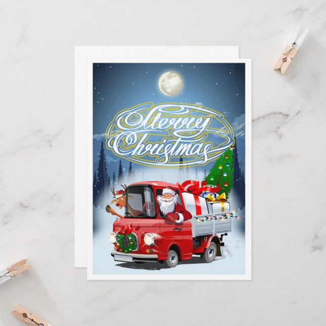 Carte de Noël avec le camion de Santa dessiné (Devant/Arrière en situation)