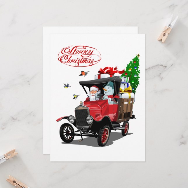 Carte de Noël avec le camion de Santa dessiné (Devant/Arrière en situation)