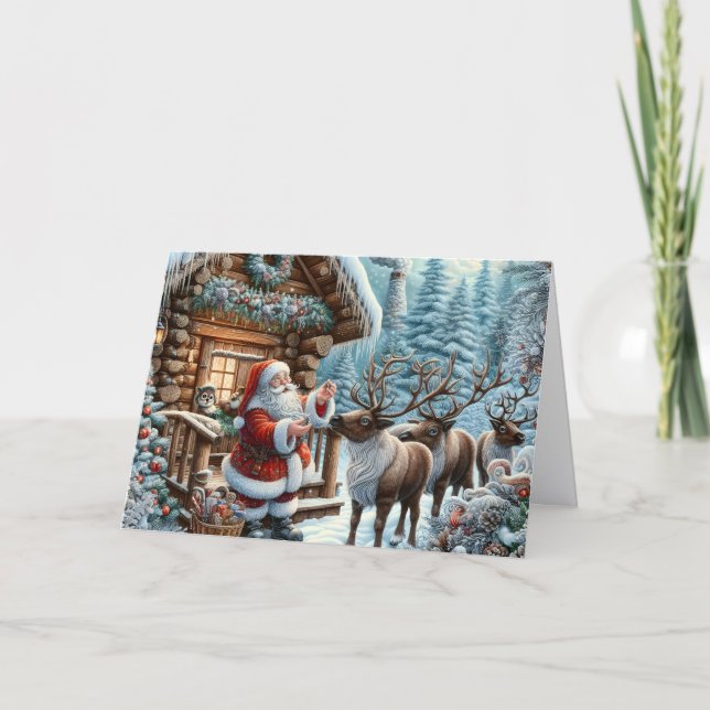 Carte de Noël avec le Père Noël et ses rennes (Devant)