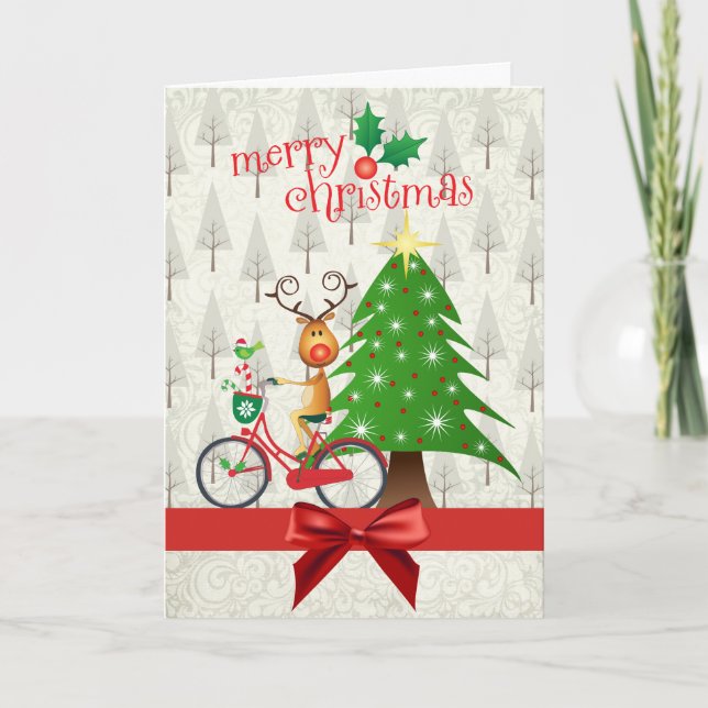 Carte de Noël avec le renne sur la bicyclette (Devant)