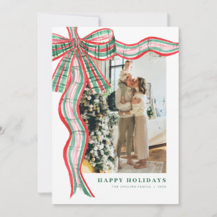 Carte de Noël avec nœud à carreaux rouge et vert