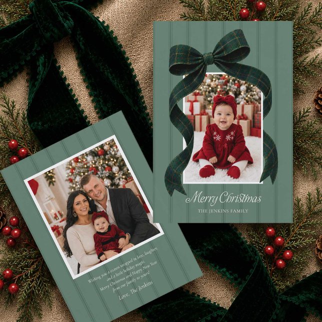 Carte de Noël avec nœud écossais vert 2 photos (Green Merry Christmas Photo Greeting Card)