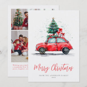 Carte de Noël avec photo de famille et voiture rou