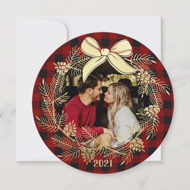 Carte de Noël avec plaid buffle et couronne dorée  (Devant)