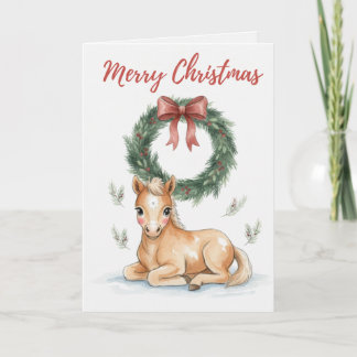 Carte de Noël avec poulain vintage et couronne de 