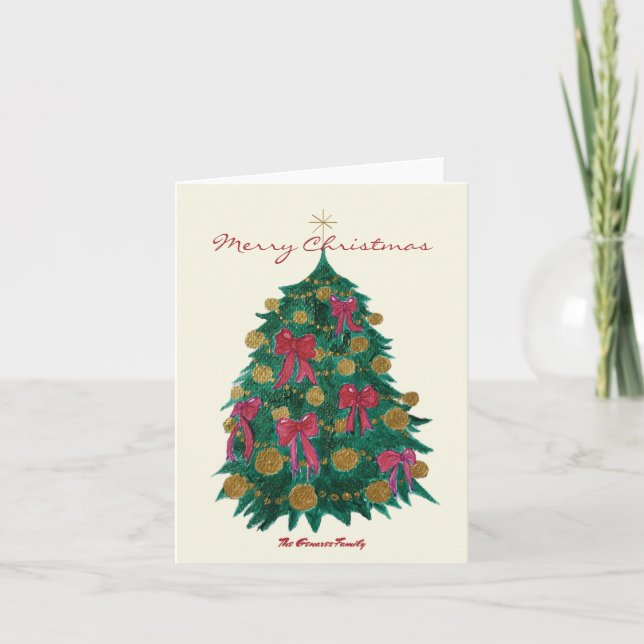Carte de Noël avec sapin et rubans rouges (Devant)