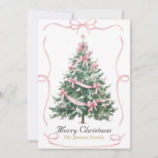 Carte de Noël avec un arbre décoré d'un ruban rose