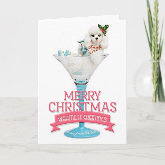 Carte de Noël avec un caniche dans un verre à vin (Devant)