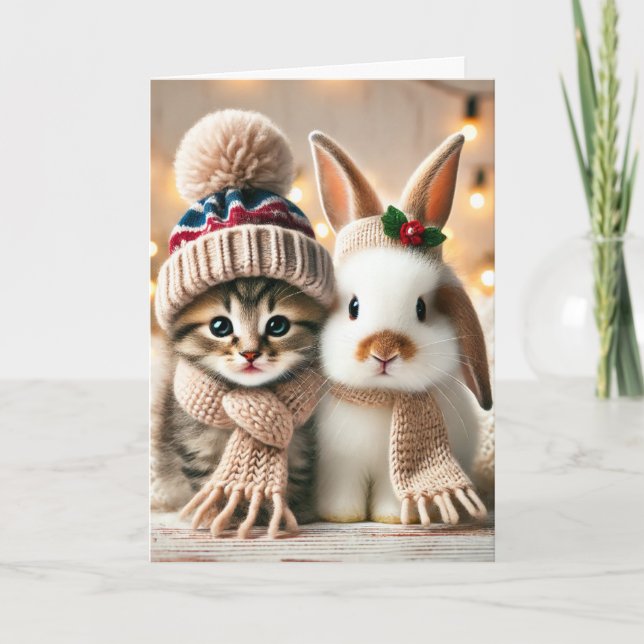 Carte de Noël avec un chat et un lapin (Devant)