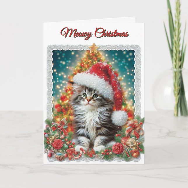 Carte de Noël avec un chaton mignon Meowy (Devant)