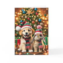 Carte de Noël avec un chien et un lapin