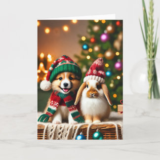 Carte de Noël avec un chien et un lapin