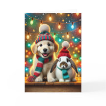 Carte de Noël avec un chien et un lapin
