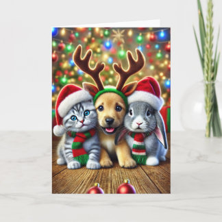Carte de Noël avec un chien, un chat et un lapin