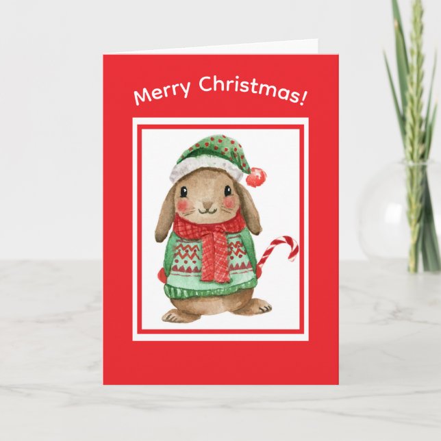 Carte de Noël avec un lapin mignon et une canne à  (Devant)