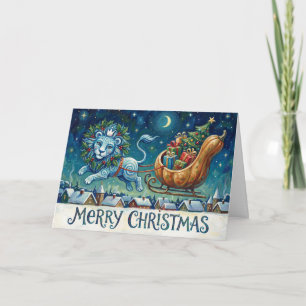 Carte de Noël avec un lion fantaisiste tirant un t