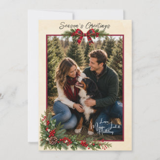 Carte de Noël avec un nœud en tartan de houx et un