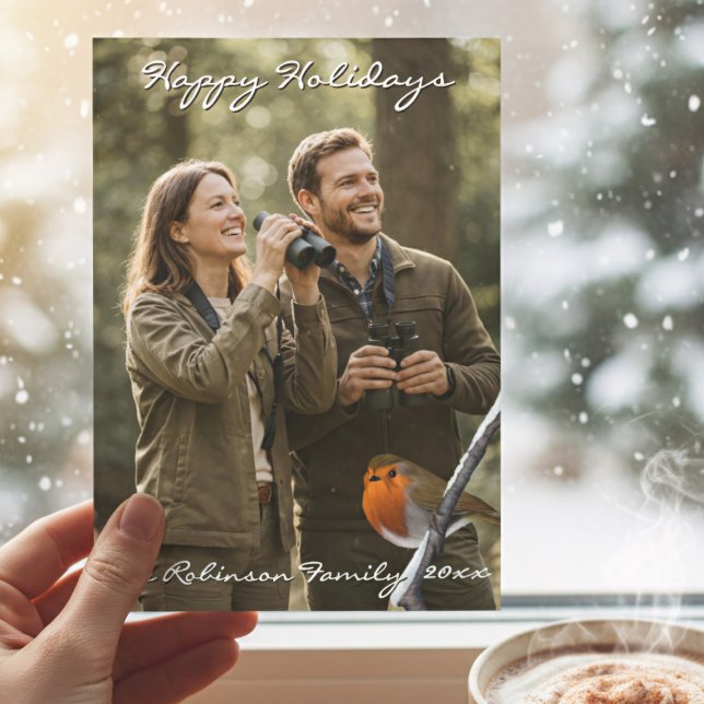 Carte de Noël avec un rouge-gorge (Perfect Christmas Photo Card for Bird Watchers. Add your Family Name)