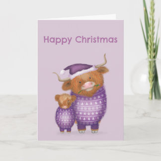 Carte de Noël avec une vache et un veau Highland m