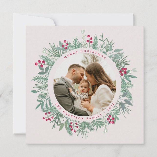 Carte de Noël avec verdure hivernale et photo (Devant)