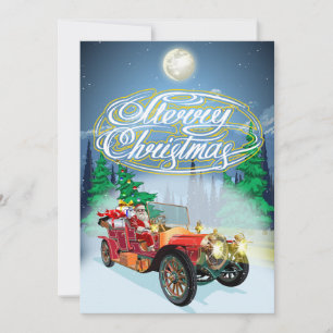 Carte de Noël avec voiture vintage et Père Noël