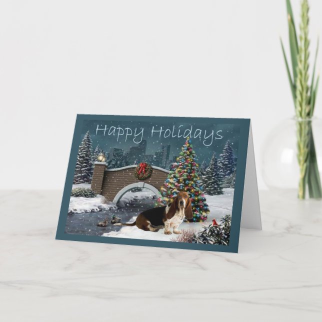 Carte de Noël Basset Hound Soirée (Devant)