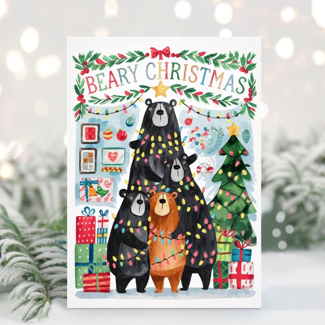 Carte de Noël Beary Christmas avec des ours mignon (Flat Beary Christmas Holiday Card - Personalize with your greeting and names.)