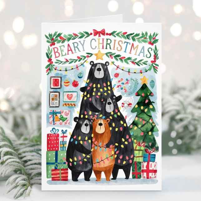 Carte de Noël Beary Christmas avec des ours mignon (Folded Beary Christmas Bears Christmas Card - Personalize with your greeting and names.)