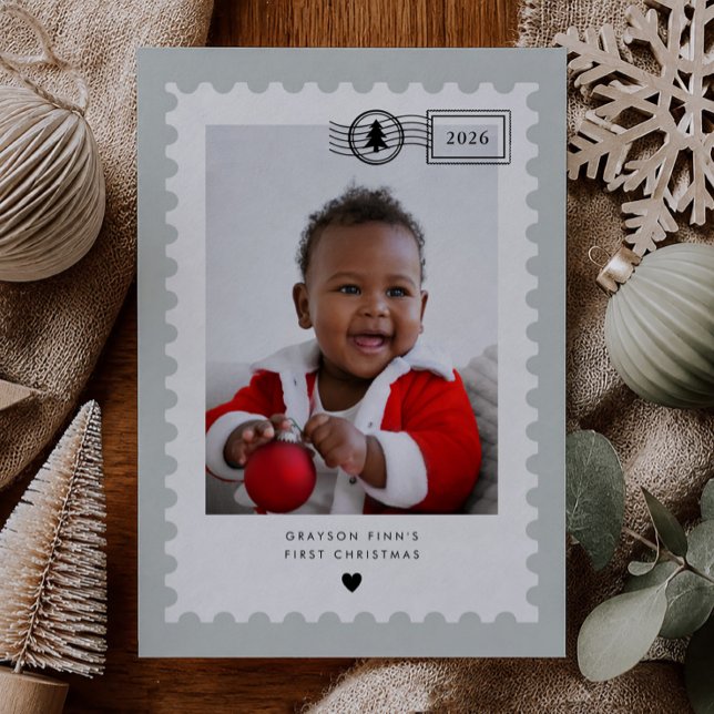 Carte de Noël bébé 1er Noël timbre-poste vert saug (Créateur téléchargé)