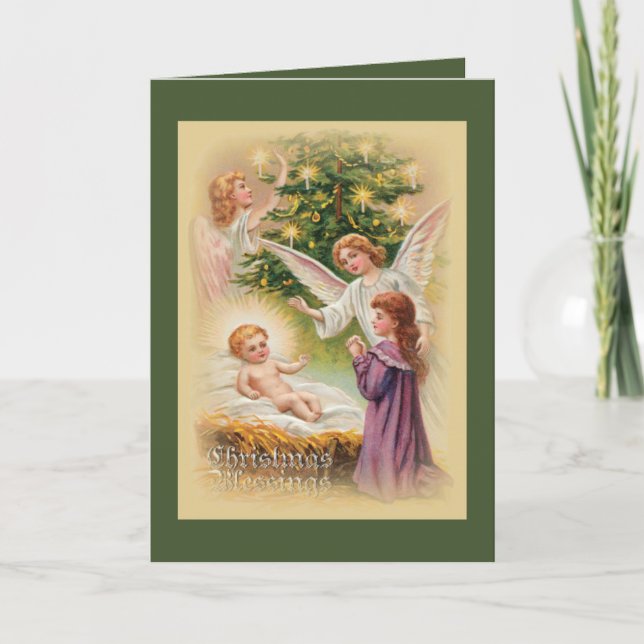 Carte de Noël Bébé Jésus Anges Arbre de Noël (Devant)