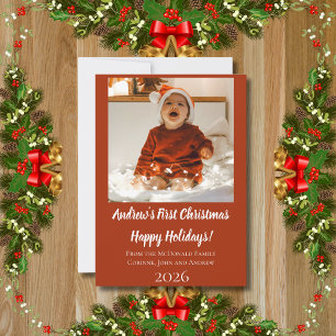 Carte de Noël bébé premier Noël rouge nom année
