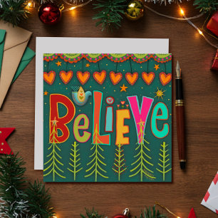 Carte de Noël Believe Folk Hearts