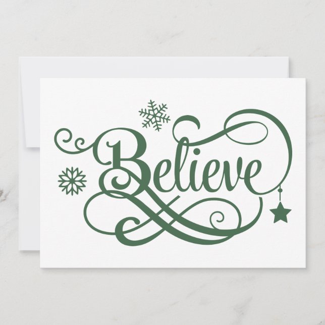 Carte de Noël Believe Verte Flocons Étoiles (Devant)