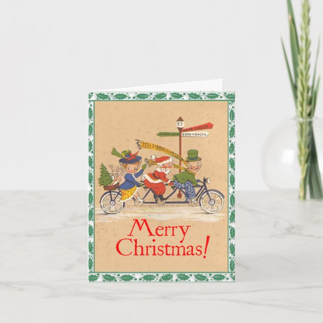 Carte de Noël "Bicycling People" de style rétro (Devant)