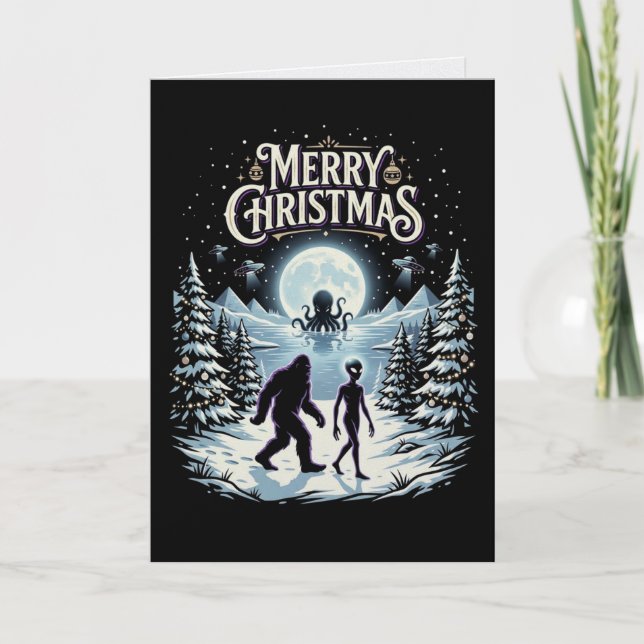 Carte de Noël Bigfoot Alien UFO Cthulhu Cryptide (Devant)