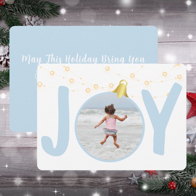 Carte de Noël bleu Joyl Baby avec une seule photo (Joy In Baby Blue Single Photo Christmas Holiday Card)